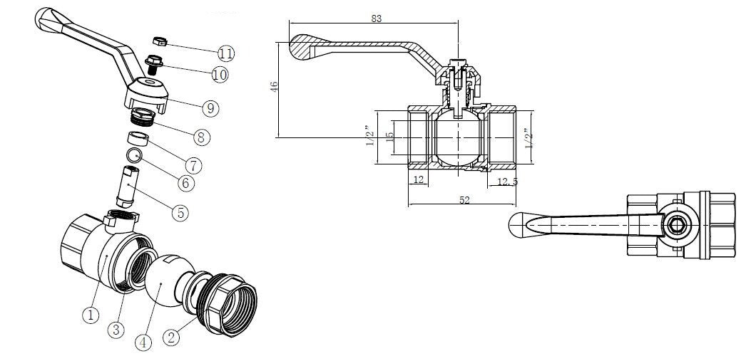 Riko 1050 Kogelkraan+Alu.hendel 1/2