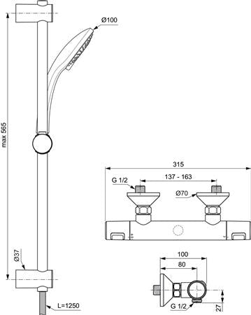 Ideal Standard Ceratherm T25 Douchetherm Met Idealrain Glijstangc M3 60Cm Chroom