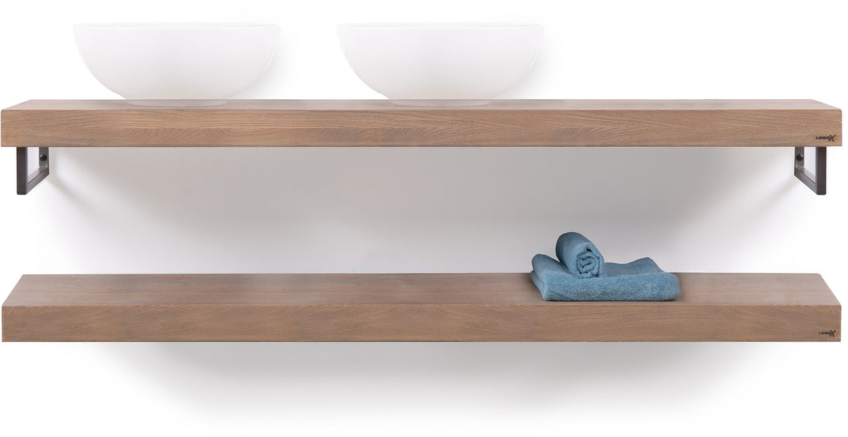 Looox Wooden Base Shelf Duo 160 Cm Eiken Old Grey Handdoekhouders Geb. Rvs