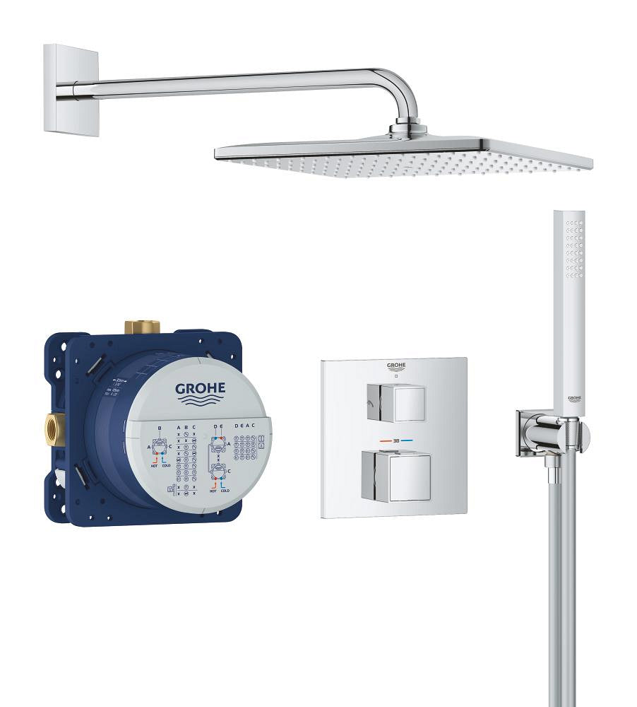 Grohe Precision Showerset Compleet M. Handdouche Stick M. 1 Straalsoort En Hoofddouche 31X31Cm M. Inbouw Douchekraan Therm. Vierkant M. Omstel Chroom 34879000