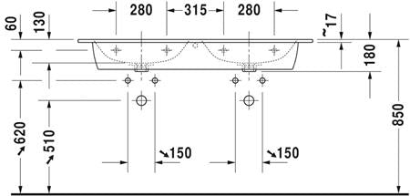 Duravit Me By Starck Dubbele Wastafel Wit Hoogglans 1300 Mm