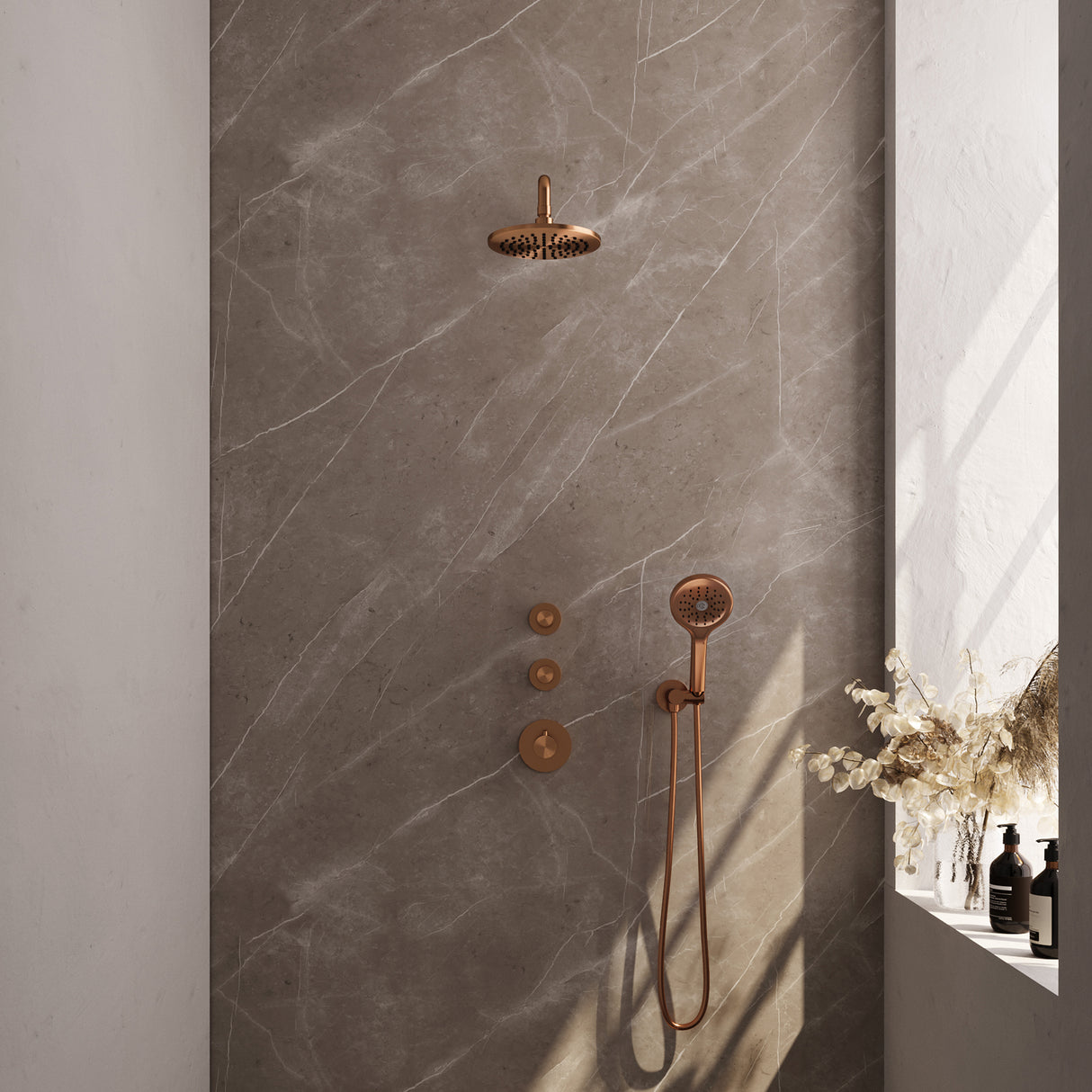 Brauer Copper Edition Thermostatische Inbouw Regendouche Set 09 Met 20 Cm Douchekop En Gebogen Muurarm En 3-Standen Handdouche En Doucheslang En Wandaansluitbocht Koper Geborsteld Pvd