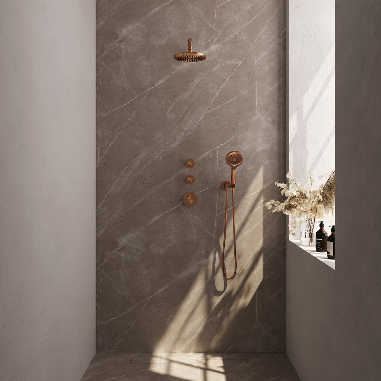 Brauer Copper Edition Thermostatische Inbouw Regendouche Set 09 Met 20 Cm Douchekop En Gebogen Muurarm En 3-Standen Handdouche En Doucheslang En Wandaansluitbocht Koper Geborsteld Pvd