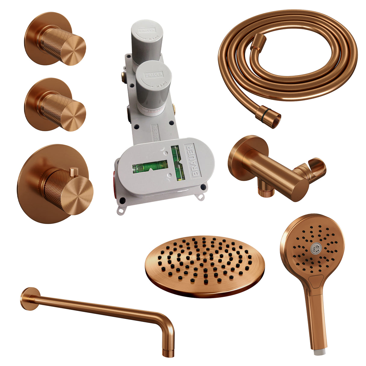 Brauer Copper Carving Thermostatische Inbouw Regendouche Set 09 Met 20 Cm Douchekop En Gebogen Muurarm En 3-Standen Handdouche En Doucheslang En Wandaansluitbocht Koper Geborsteld Pvd