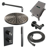 Brauer Gunmetal Edition Thermostatische Inbouw Regendouche 3-Weg Omstelling Set 28 Met 30 Cm Douchekop En Gebogen Muurarm En Staaf Handdouche En Doucheslang En Wandaansluitbocht Gunmetal Geborsteld Pvd