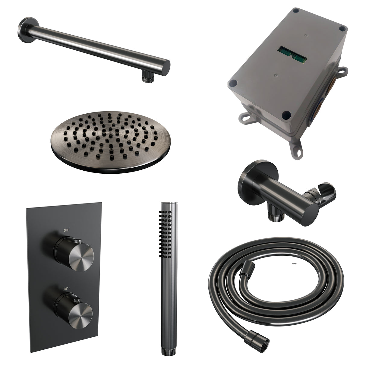 Brauer Gunmetal Edition Thermostatische Inbouw Regendouche 3-Weg Omstelling Set 25 Met 20 Cm Douchekop En Rechte Muurarm En Staaf Handdouche En Doucheslang En Wandaansluitbocht Gunmetal Geborsteld Pvd