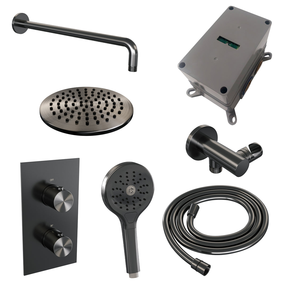 Brauer Gunmetal Edition Thermostatische Inbouw Regendouche 3-Weg Omstelling Set 33 Met 20 Cm Douchekop En Gebogen Muurarm En 3-Standen Handdouche En Doucheslang En Wandaansluitbocht Gunmetal Geborsteld Pvd