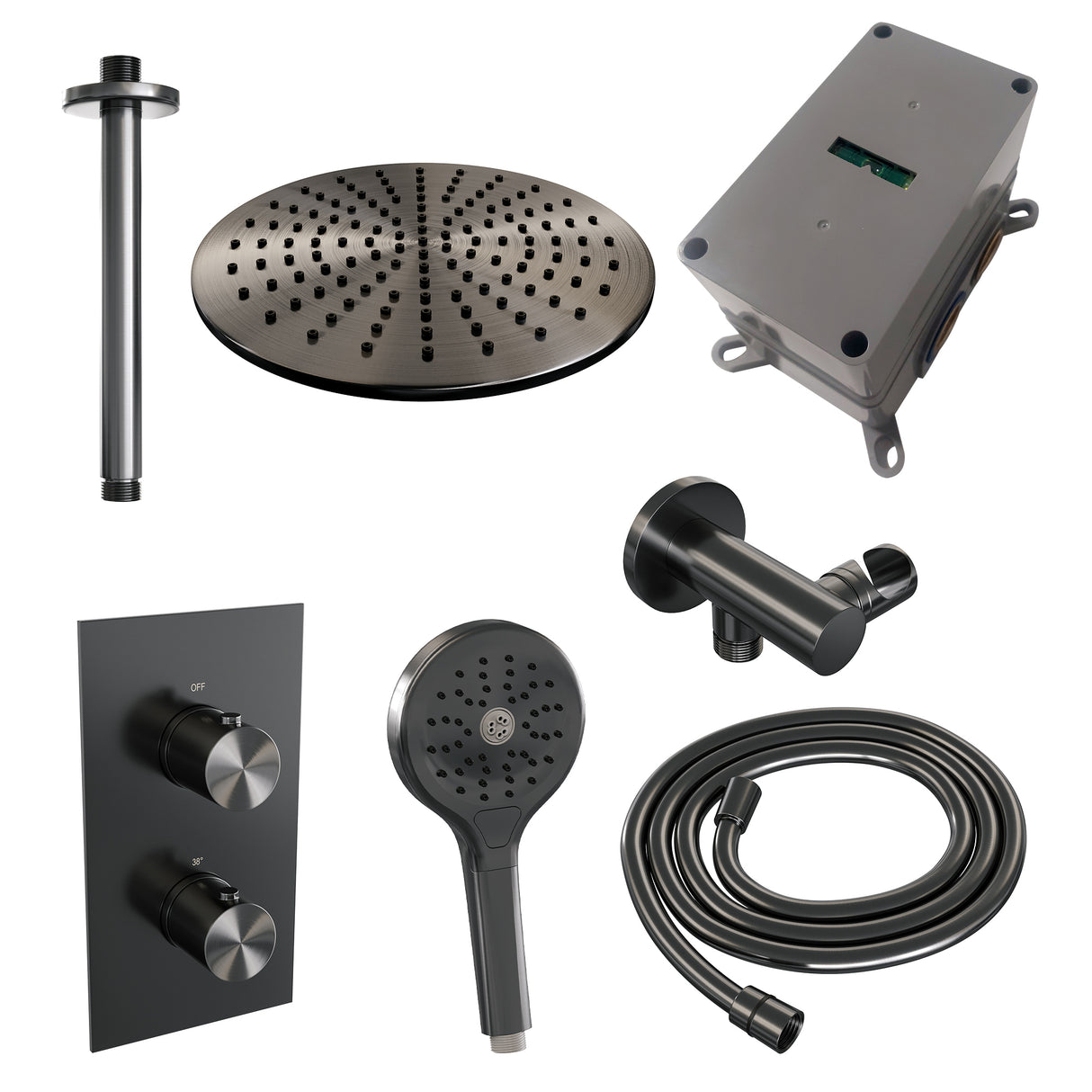 Brauer Gunmetal Edition Thermostatische Inbouw Regendouche 3-Weg Omstelling Set 36 Met 30 Cm Douchekop En Plafondarm En 3-Standen Handdouche En Doucheslang En Wandaansluitbocht Gunmetal Geborsteld Pvd