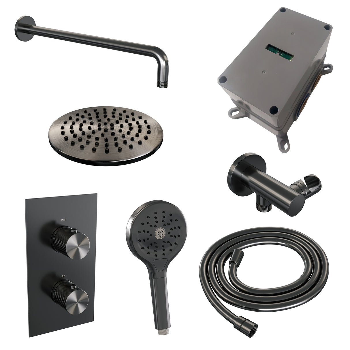 Brauer Gunmetal Carving Thermostatische Inbouw Regendouche 3-Weg Omstelling Set 33 Met 20 Cm Douchekop En Gebogen Muurarm En 3-Standen Handdouche En Doucheslang En Wandaansluitbocht Gunmetal Geborsteld Pvd