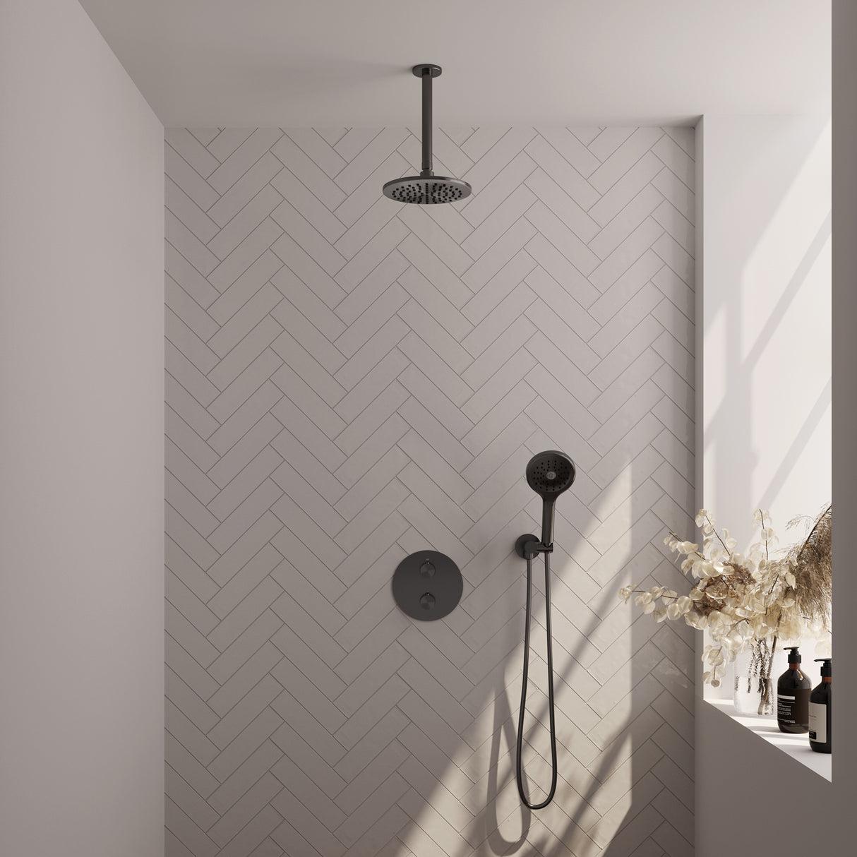 Brauer Gunmetal Carving Thermostatische Inbouw Regendouche 3-Weg Rond Set 83 Met 20 Cm Douchekop En Plafondarm En 3-Standen Handdouche En Doucheslang En Wandaansluitbocht Gunmetal Geborsteld Pvd
