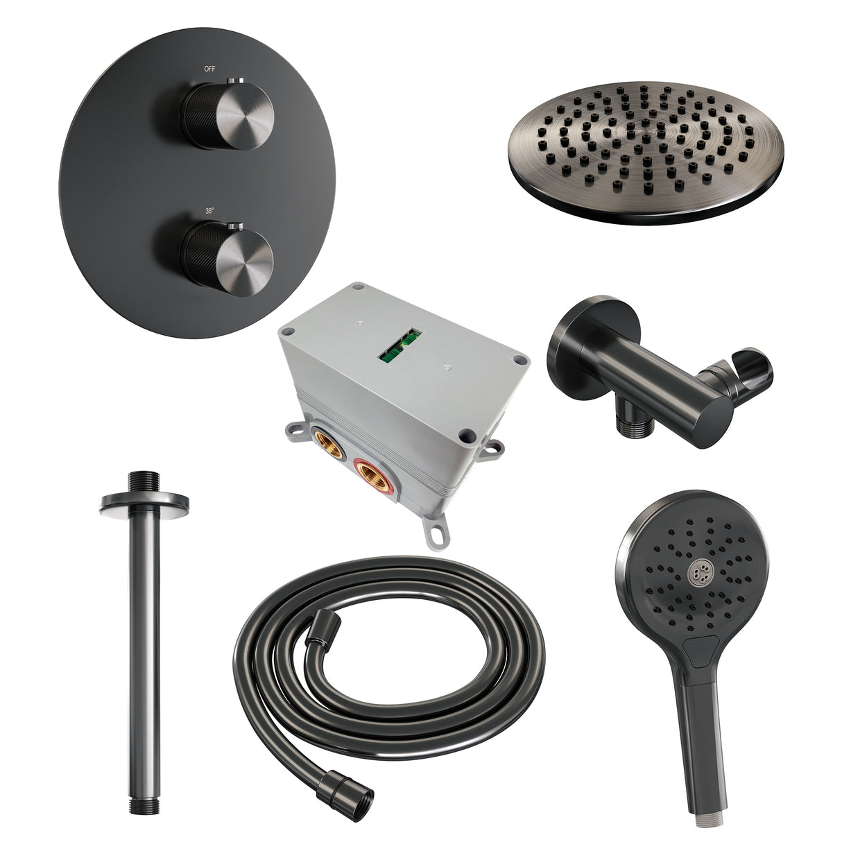 Brauer Gunmetal Carving Thermostatische Inbouw Regendouche 3-Weg Rond Set 83 Met 20 Cm Douchekop En Plafondarm En 3-Standen Handdouche En Doucheslang En Wandaansluitbocht Gunmetal Geborsteld Pvd