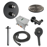 Brauer Gunmetal Carving Thermostatische Inbouw Regendouche 3-Weg Rond Set 83 Met 20 Cm Douchekop En Plafondarm En 3-Standen Handdouche En Doucheslang En Wandaansluitbocht Gunmetal Geborsteld Pvd