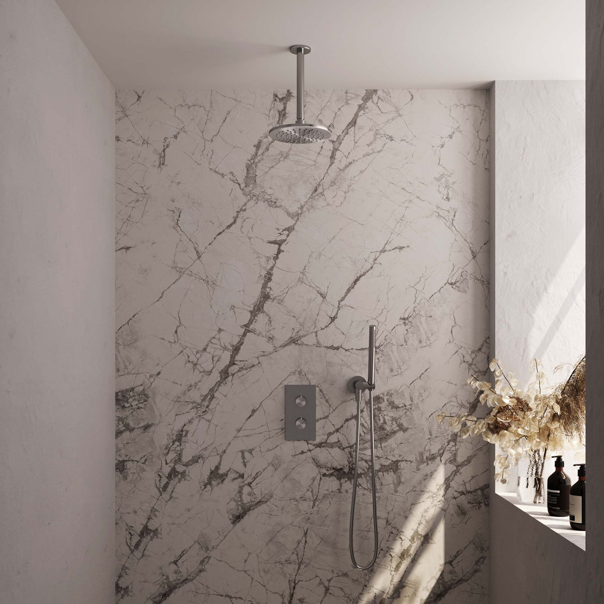 Brauer Brushed Edition Thermostatische Inbouw Regendouche 3-Weg Omstelling Set 29 Met 20 Cm Douchekop En Plafondarm En Staaf Handdouche En Doucheslang En Wandaansluitbocht Rvs Geborsteld Pvd