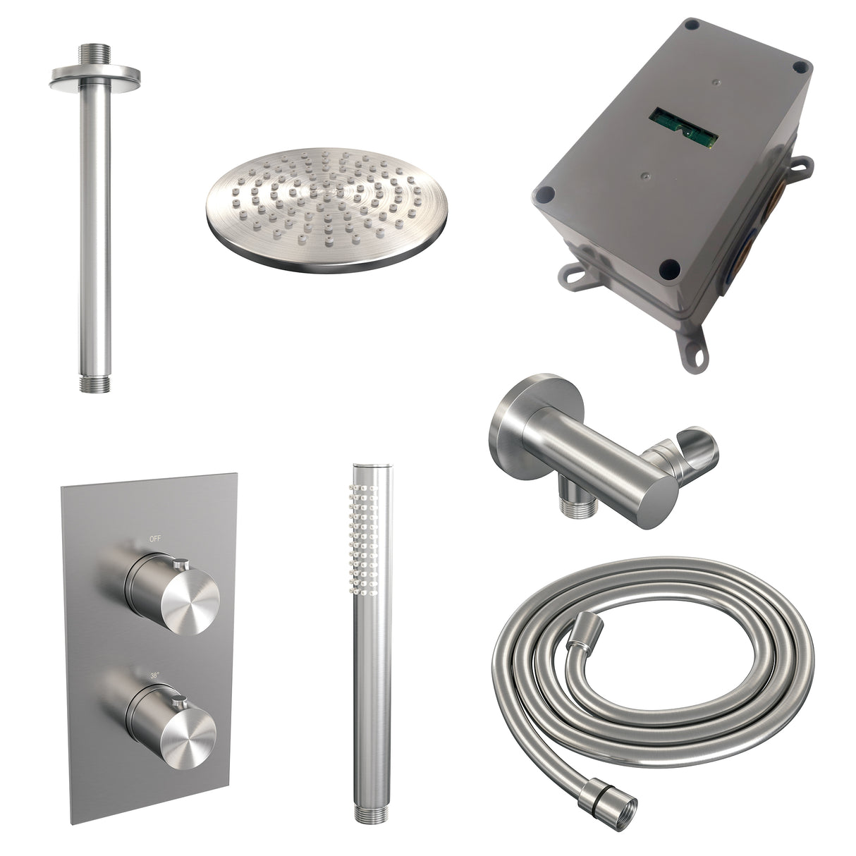 Brauer Brushed Edition Thermostatische Inbouw Regendouche 3-Weg Omstelling Set 29 Met 20 Cm Douchekop En Plafondarm En Staaf Handdouche En Doucheslang En Wandaansluitbocht Rvs Geborsteld Pvd