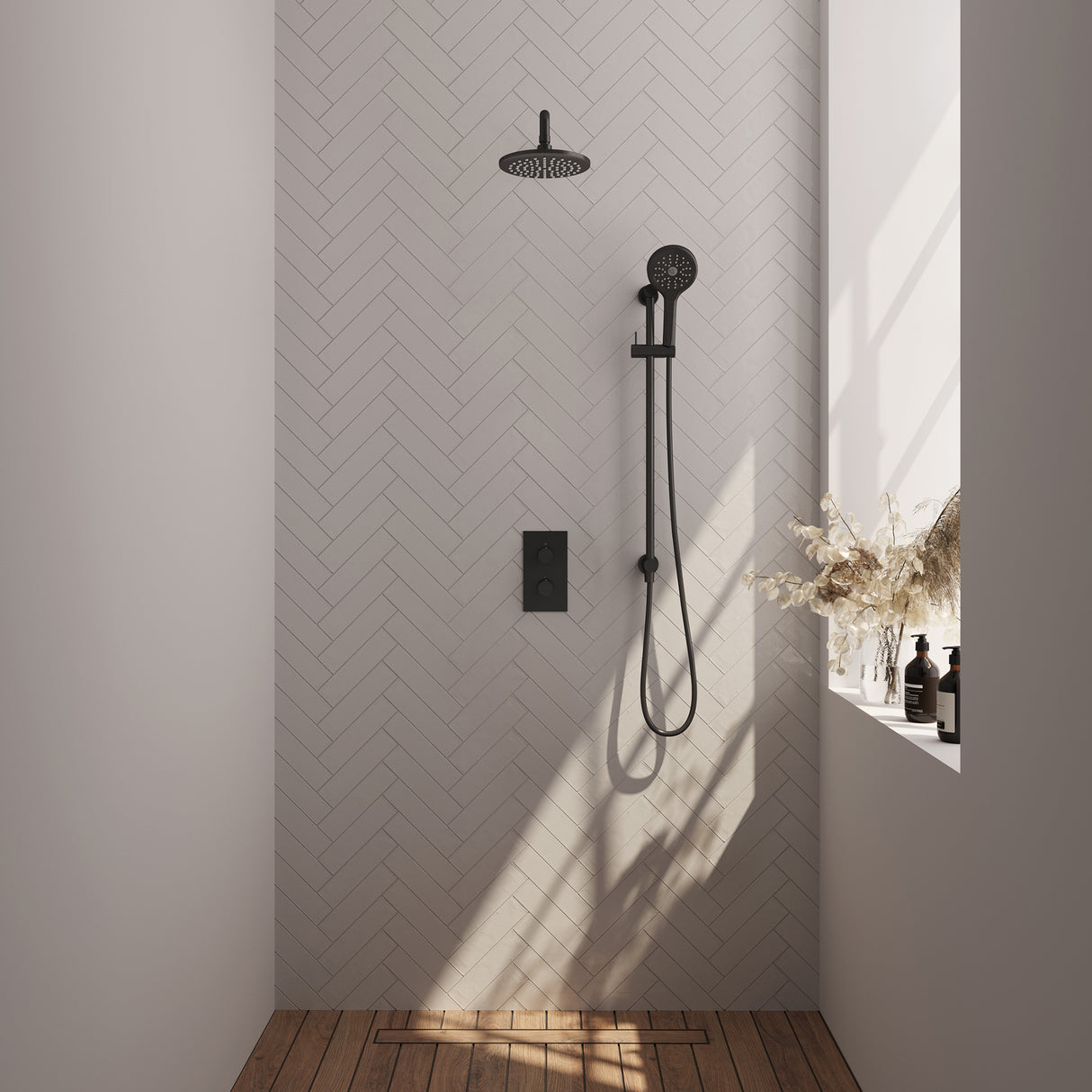 Brauer Black Edition Thermostatische Inbouw Regendouche 3-Weg Omstelling Set 45 Met 20 Cm Douchekop En Gebogen Muurarm En 3-Standen Handdouche En Doucheslang En Geïntegreerde Glijstang Mat Zwart