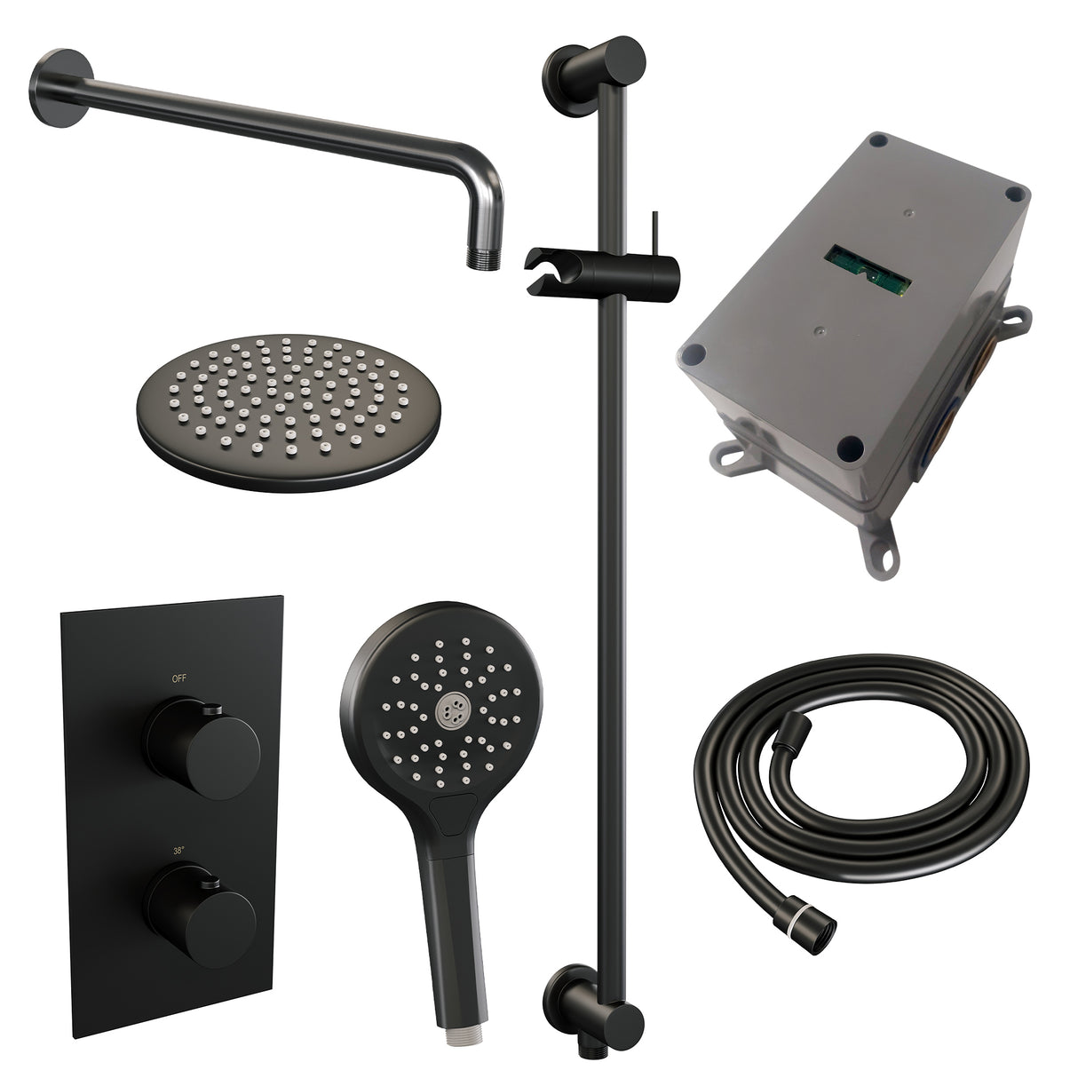Brauer Black Edition Thermostatische Inbouw Regendouche 3-Weg Omstelling Set 45 Met 20 Cm Douchekop En Gebogen Muurarm En 3-Standen Handdouche En Doucheslang En Geïntegreerde Glijstang Mat Zwart
