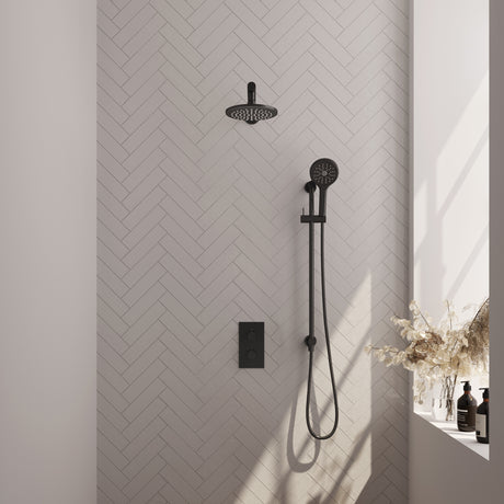 Brauer Black Edition Thermostatische Inbouw Regendouche 3-Weg Omstelling Set 43 Met 20 Cm Douchekop En Rechte Muurarm En 3-Standen Handdouche En Doucheslang En Geïntegreerde Glijstang Mat Zwart