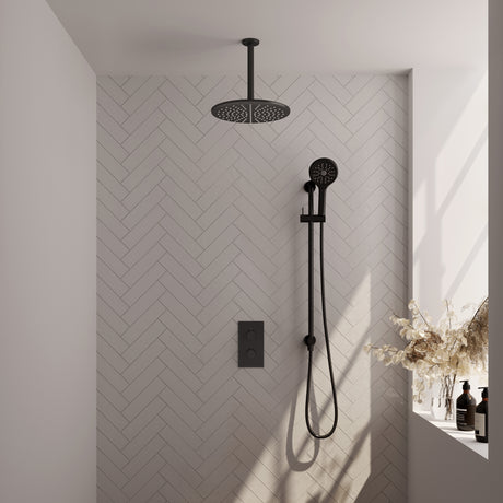 Brauer Black Edition Thermostatische Inbouw Regendouche 3-Weg Omstelling Set 48 Met 30 Cm Douchekop En Plafondarm En 3-Standen Handdouche En Doucheslang En Geïntegreerde Glijstang Mat Zwart