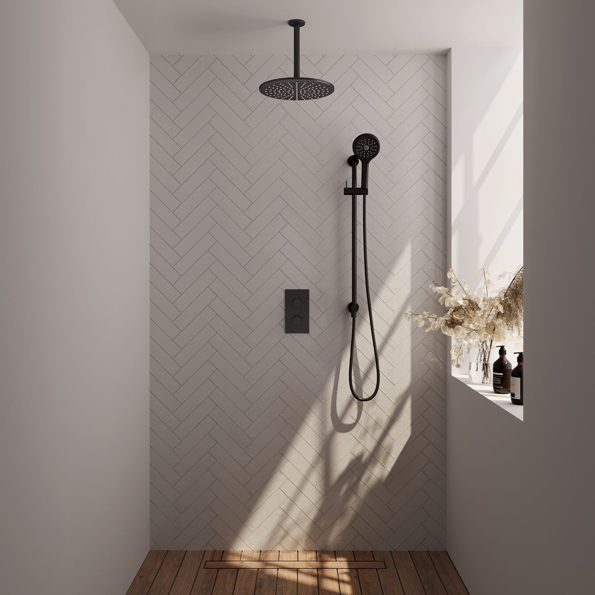Brauer Black Edition Thermostatische Inbouw Regendouche 3-Weg Omstelling Set 48 Met 30 Cm Douchekop En Plafondarm En 3-Standen Handdouche En Doucheslang En Geïntegreerde Glijstang Mat Zwart
