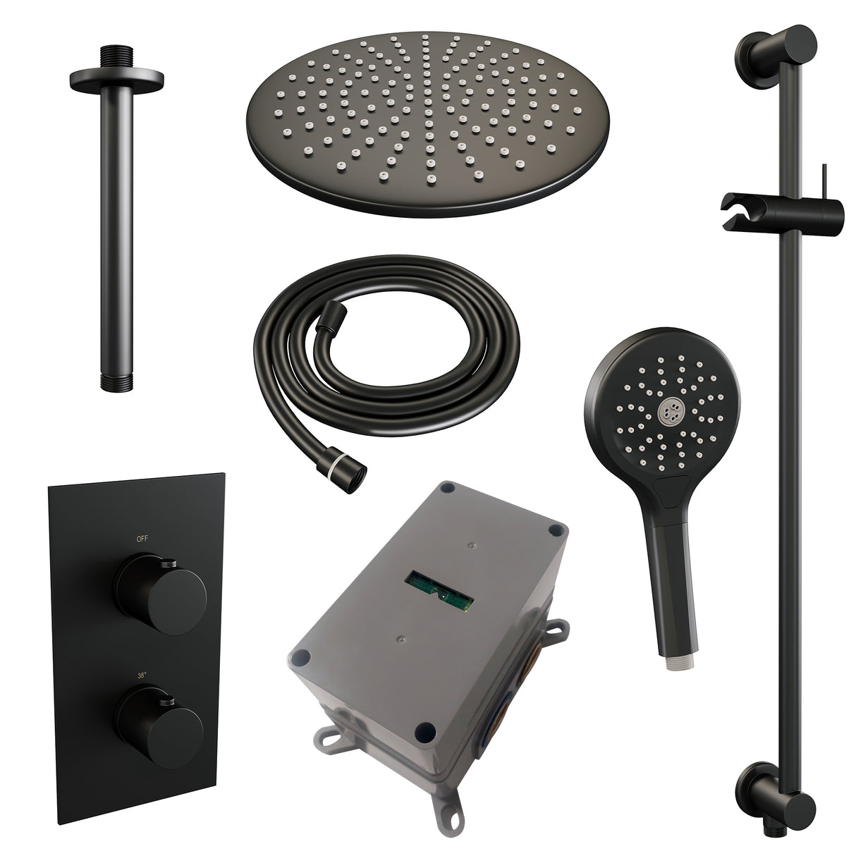 Brauer Black Edition Thermostatische Inbouw Regendouche 3-Weg Omstelling Set 48 Met 30 Cm Douchekop En Plafondarm En 3-Standen Handdouche En Doucheslang En Geïntegreerde Glijstang Mat Zwart