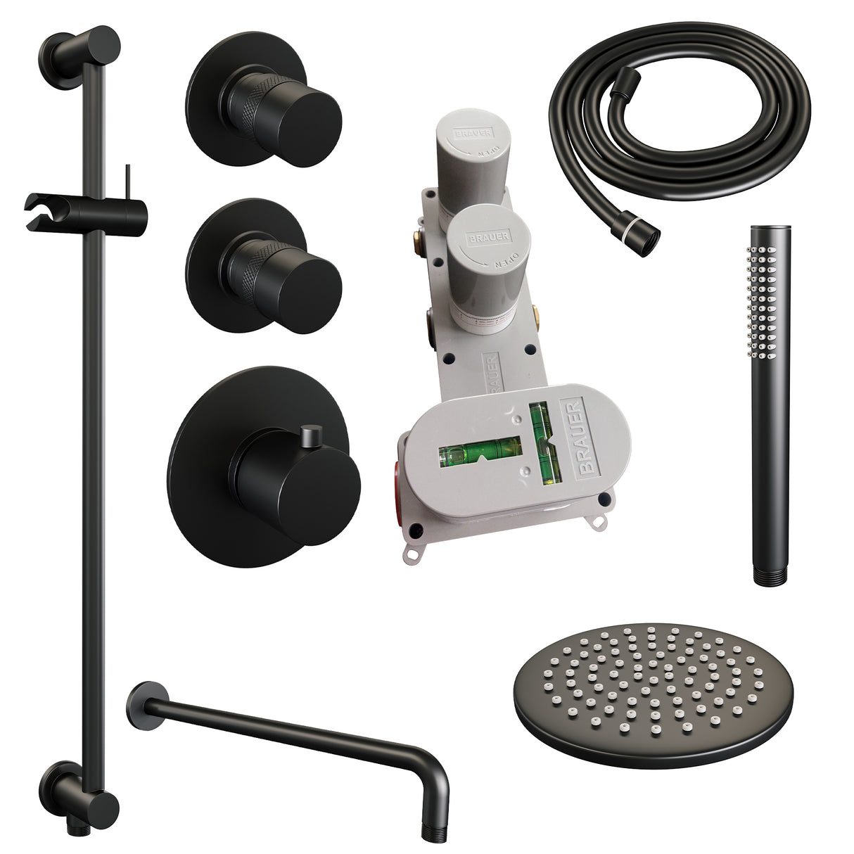 Brauer Black Edition Thermostatische Inbouw Regendouche Set 15 Met 20 Cm Douchekop En Gebogen Muurarm En Staaf Handdouche En Doucheslang En Geïntegreerde Glijstang Mat Zwart