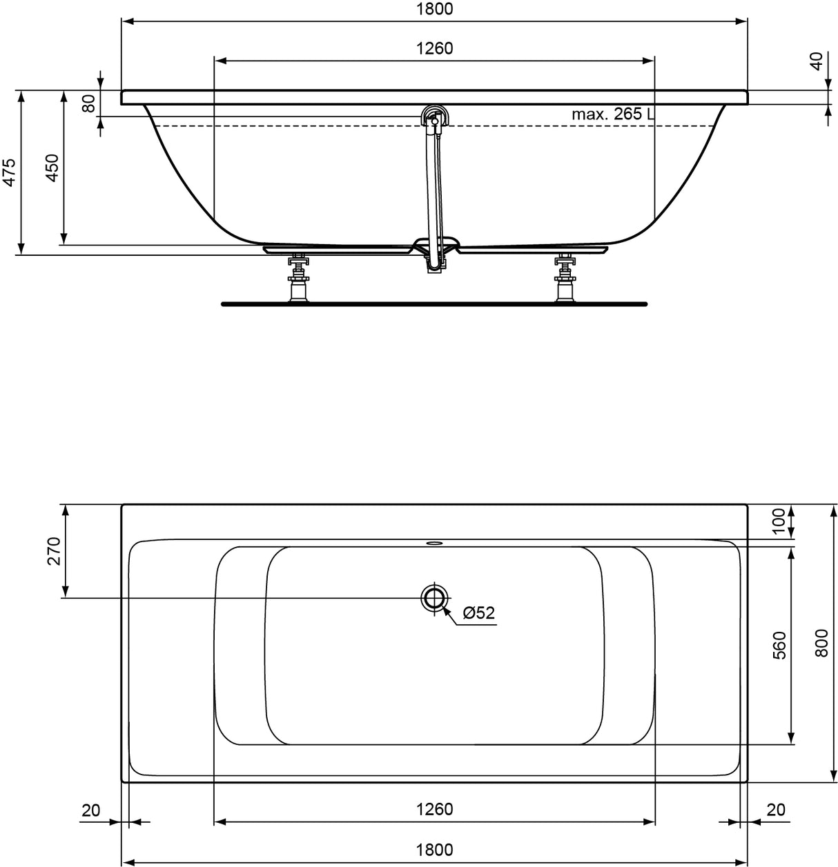 Ideal Standard Connect Air Duobad 180X80Cm Glanzend Wit