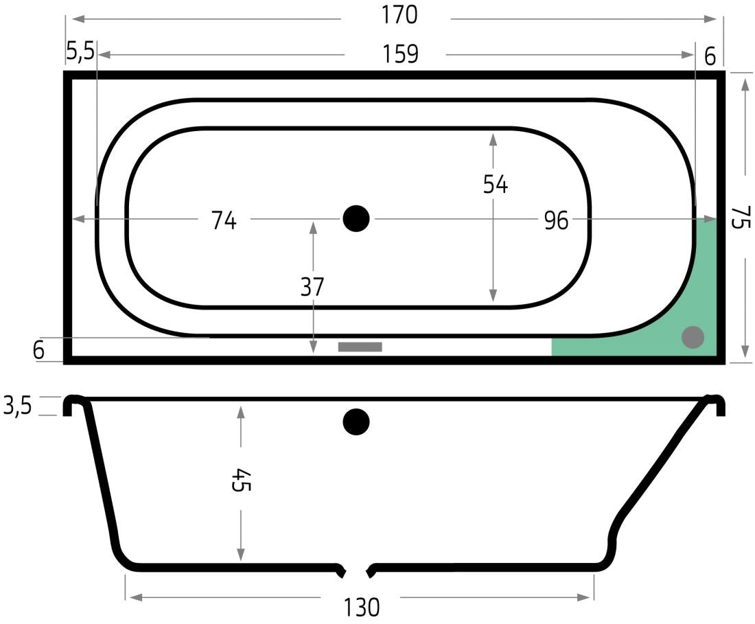 Xenz Aruba Bad  170X75  Antraciet, Overloop Andere Kant