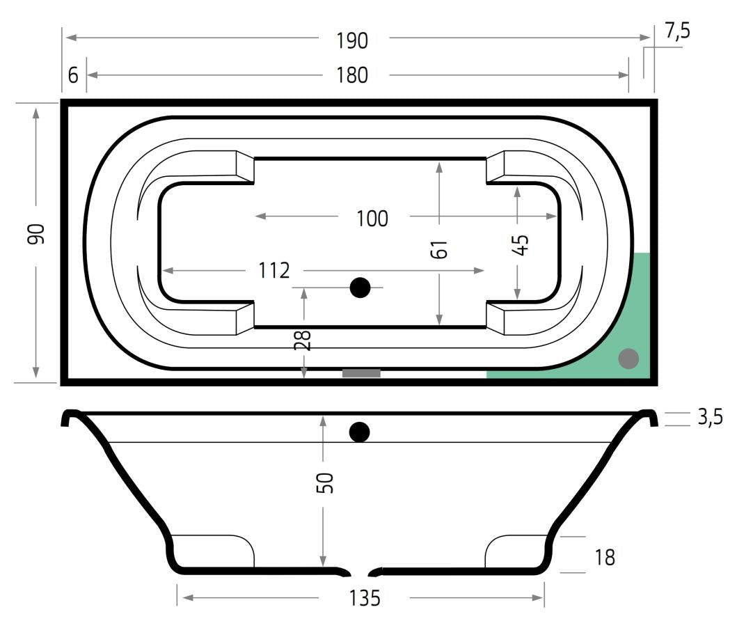 Xenz Kanaga Bad  190X90  Mat Wit