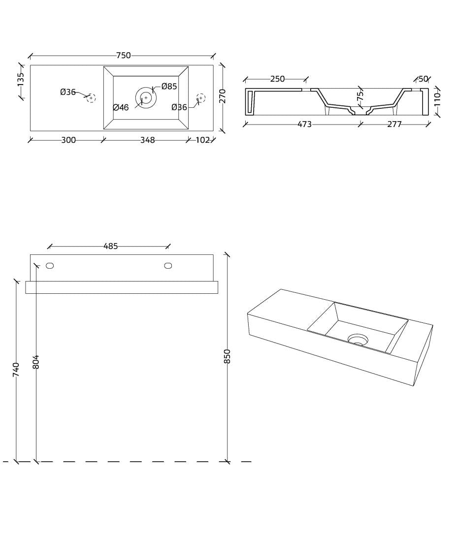Xenz Coco  Toiletwastafel 75X27 Cm, Keramisch Grijs Mat